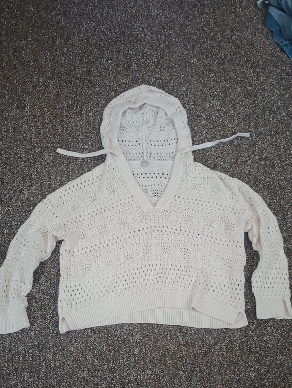 LOFT Beach Cream Crochet V-Neck Hooded Sweater Womans Size XL Spring Summer 🌺